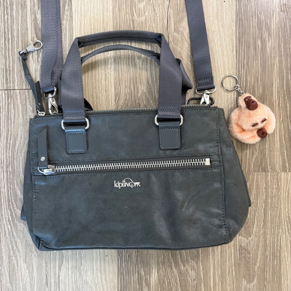 Kipling Charcoal Gray Crossbody Satchel Bag‎ Coated Nylon Monkey Travel 11x8x4